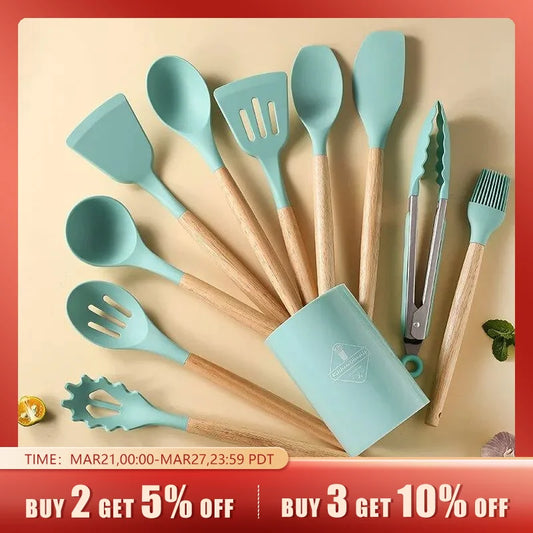 12Pcs/Set Wooden Handle Silicone Kitchen Utensils With Storage Bucket High Temperature Resistant And Non Stick Pot Spatula Spoon Spring Sale!